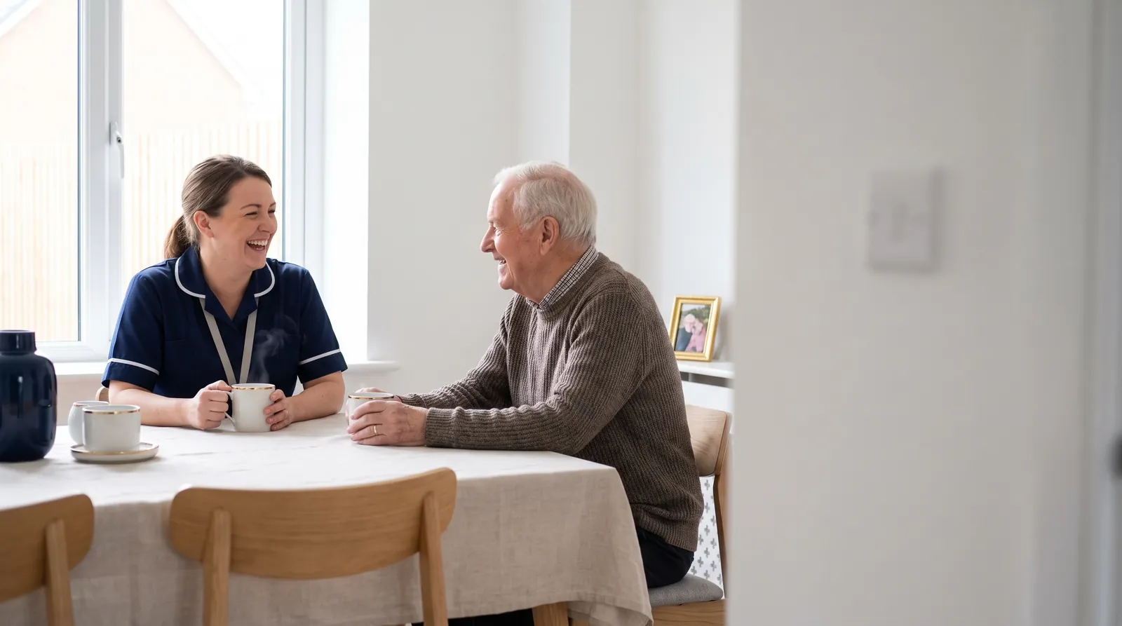 A home carer chatting with an older man at his kitchen table