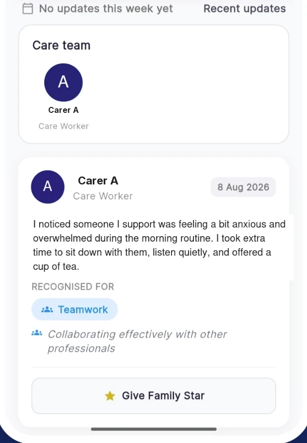 The family view in the CareKudos app, with a Give Family Star button