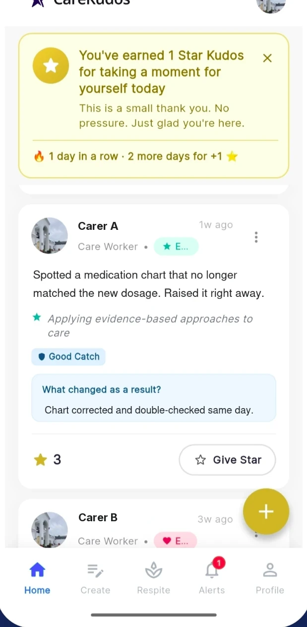The CareKudos recognition feed