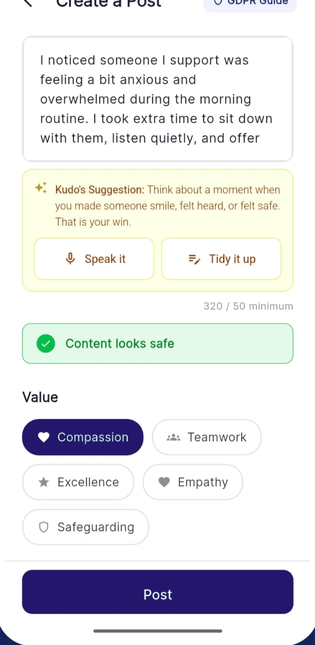 Writing a recognition post in the CareKudos app, with the GDPR check