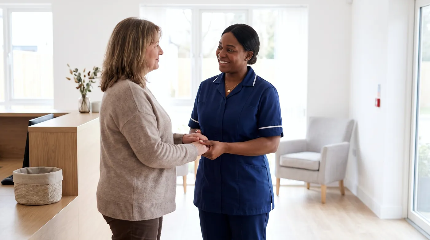 A relative thanking a carer in a care home