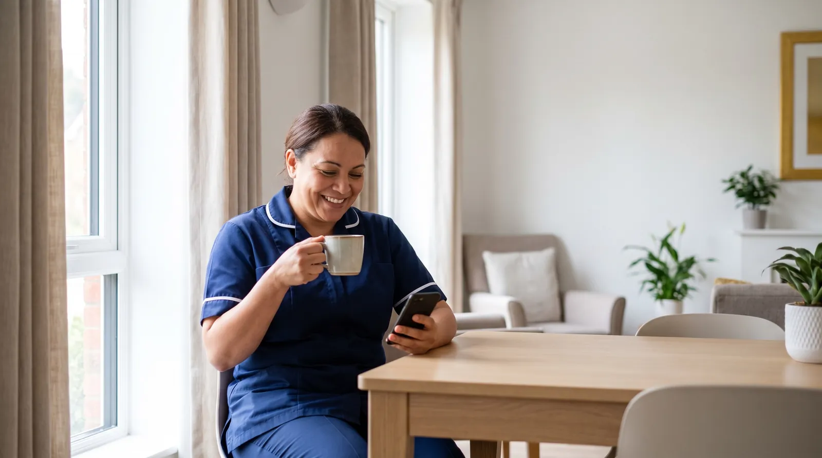 A carer on a short break, reading her phone with a cup of tea