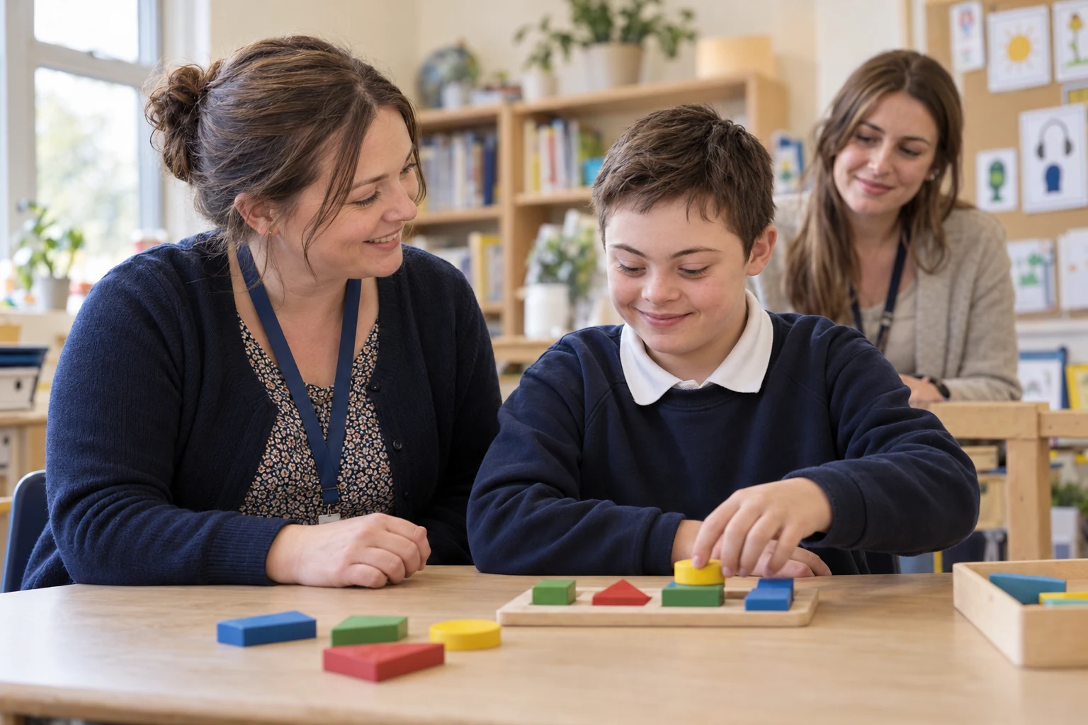 A teaching assistant beside a pupil arranging wooden learning shapes, with a colleague nearby
