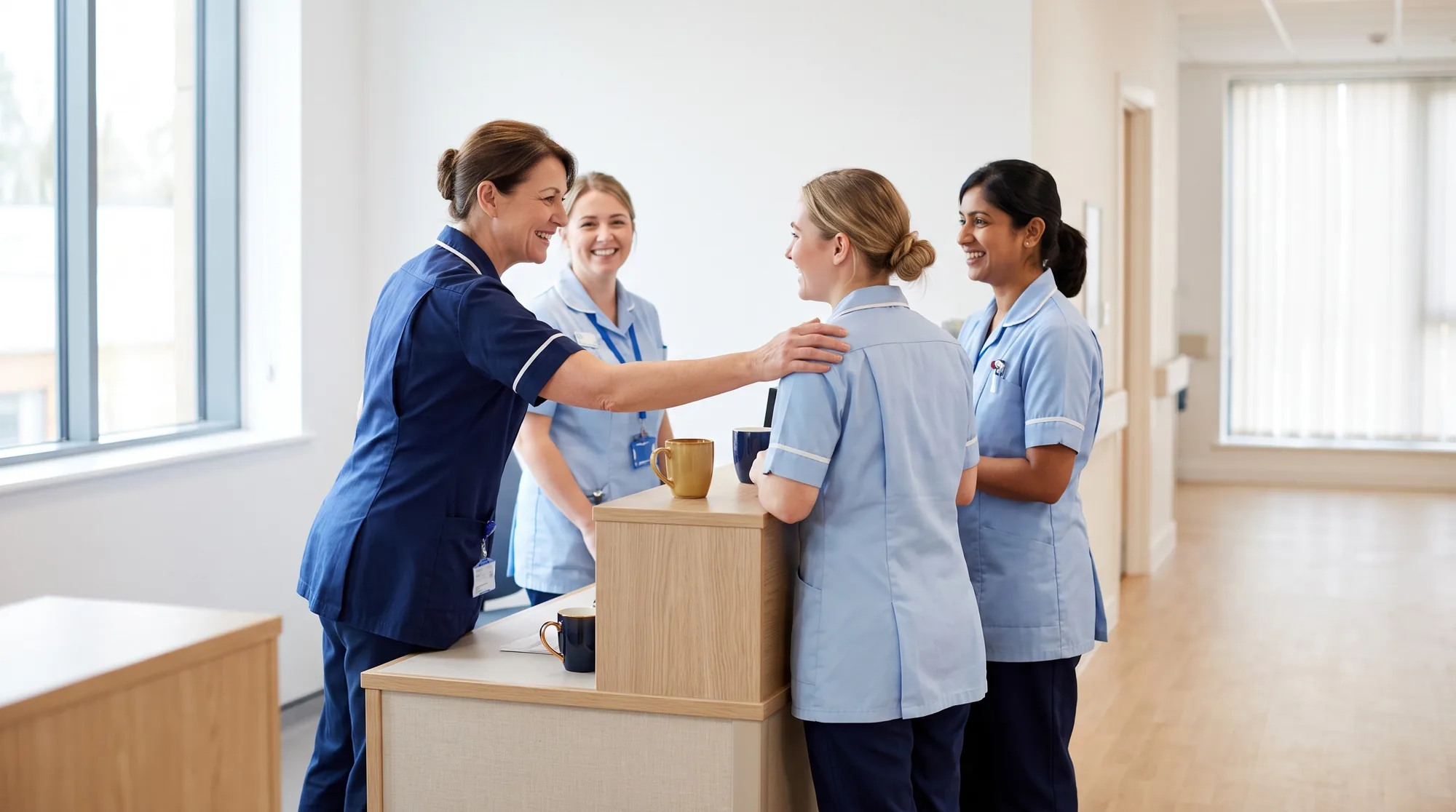 Four nursing colleagues sharing a moment together at a ward station