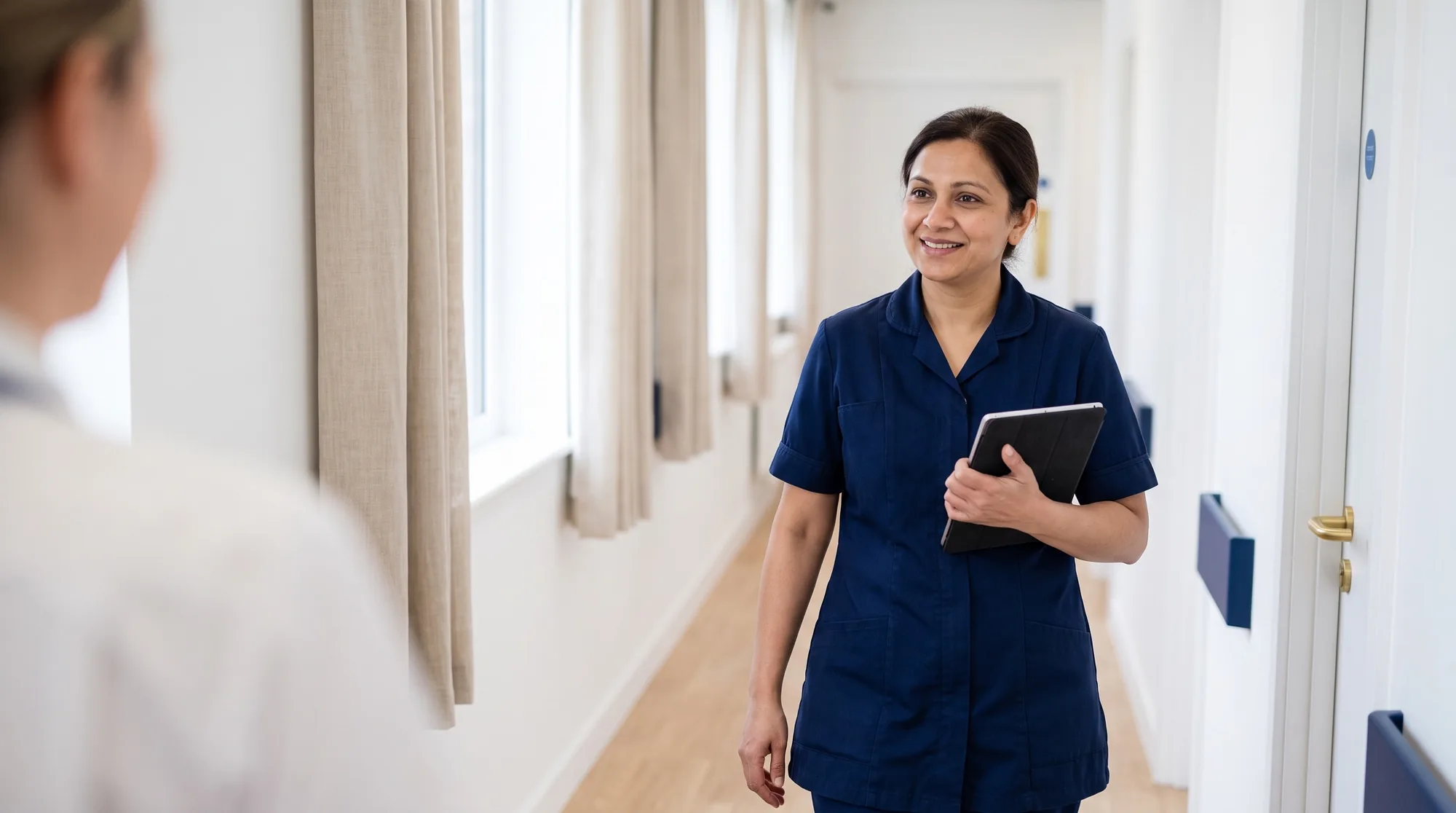 A ward manager walking along a hospital corridor with a tablet