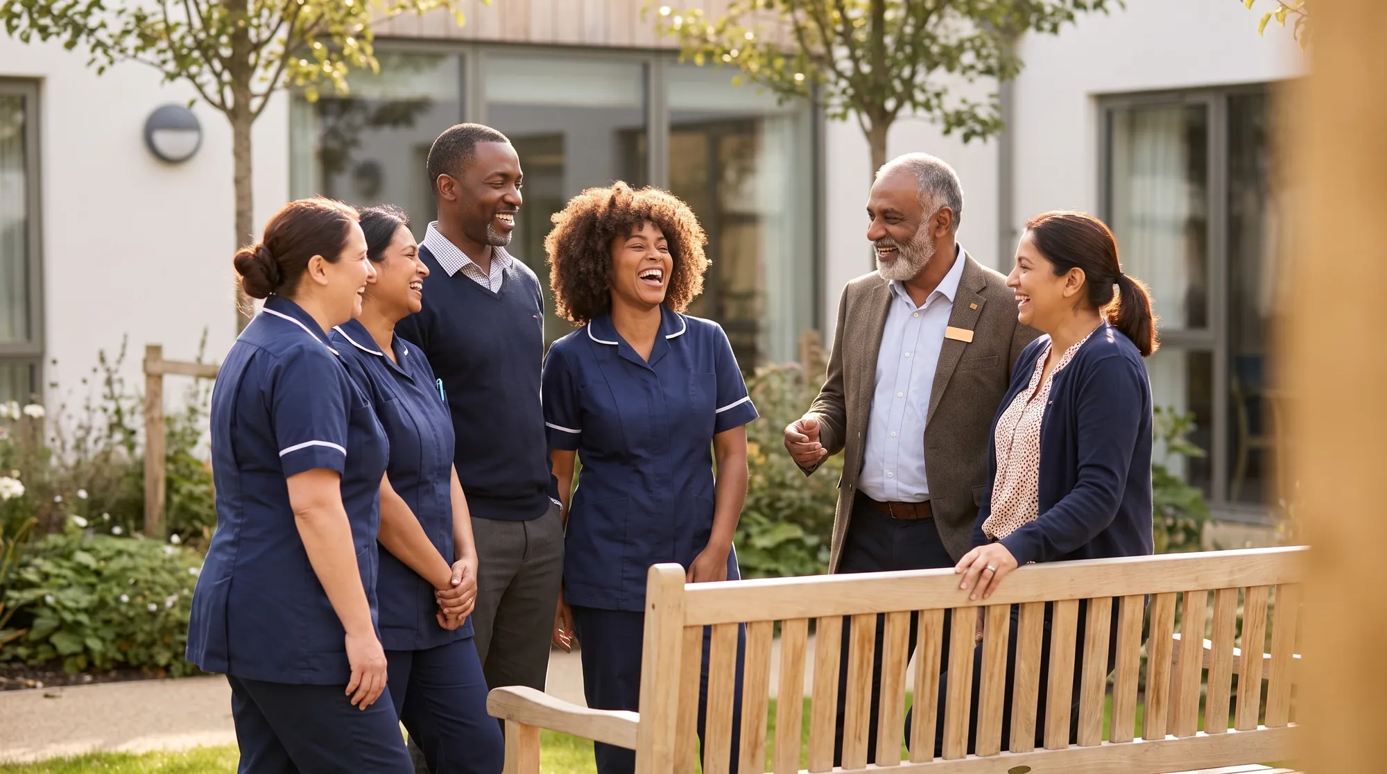 A care team talking together in the garden of their care home