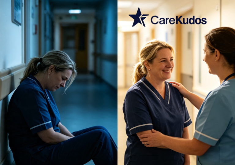 Diverse healthcare team sharing a recognition moment on a care ward, illustrating how peer-to-peer staff recognition supports retention.