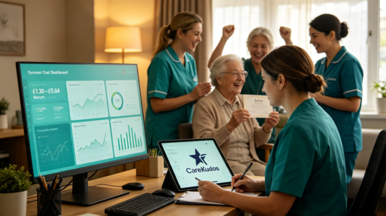 Infographic showing the ROI of staff recognition programmes in care homes, with investment and return figures.