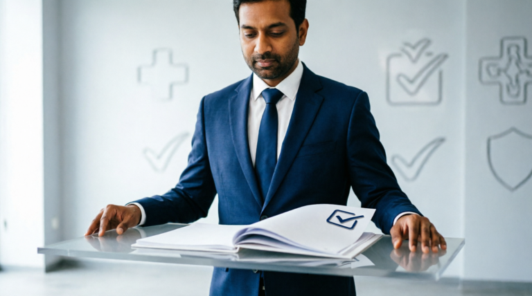 Care manager reviewing a compliance document with a checklist icon, demonstrating the CQC evidence builder software for inspection readiness.