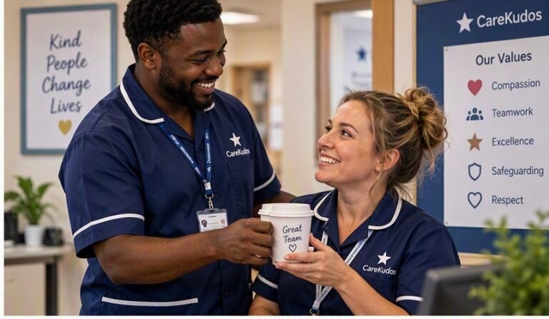 Two care home colleagues smiling and exchanging a warm acknowledgement, demonstrating positive peer recognition in the workplace.