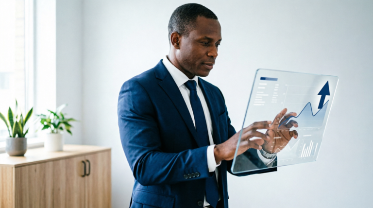 Care home manager reviewing an upward trending chart on a digital screen, illustrating care home culture analytics and recognition dashboards.