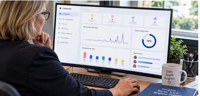 A care home manager sitting at a desk reviewing staff recognition and culture analytics on the CareKudos care management dashboard.
