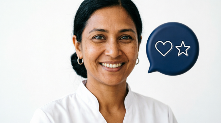 Smiling Indian care worker in a navy uniform next to a speech bubble icon with a heart and star, representing care staff recognition posts.