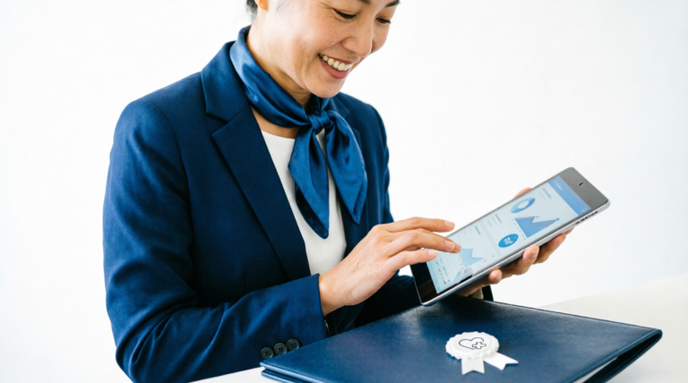 A care professional reviewing a digital care worker professional portfolio on a tablet, highlighting career development and achievements.