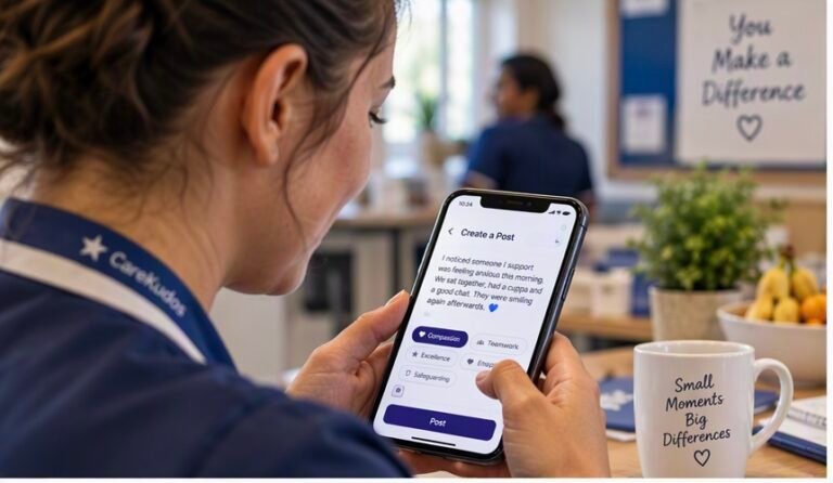 Close-up of a care worker's hands holding a smartphone to capture care achievements and post a recognition update in a care home break room.