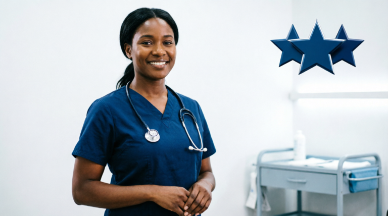 A care worker smiling in a clinical setting with three overlapping navy stars, illustrating peer and manager recognition in care homes.