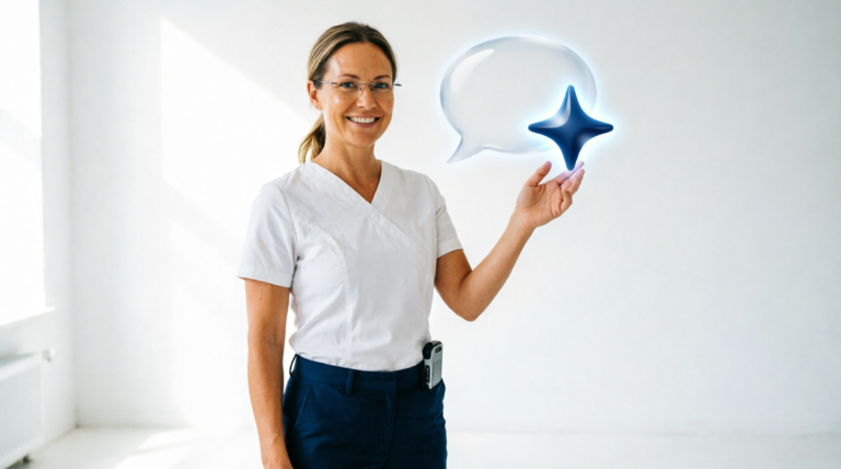 Smiling care worker holding a tablet with a glowing sparkle and speech bubble icon, demonstrating the AI care recognition assistant.