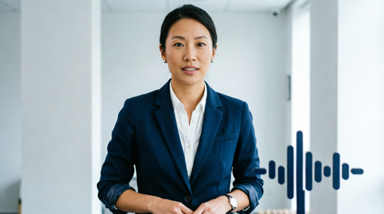 Confident care worker in a navy blue uniform with a sound-wave icon badge, representing the anonymous care staff voice survey feature.